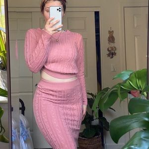 Pink Blush Sweater Set Pencil Skirt Cew Neck Top